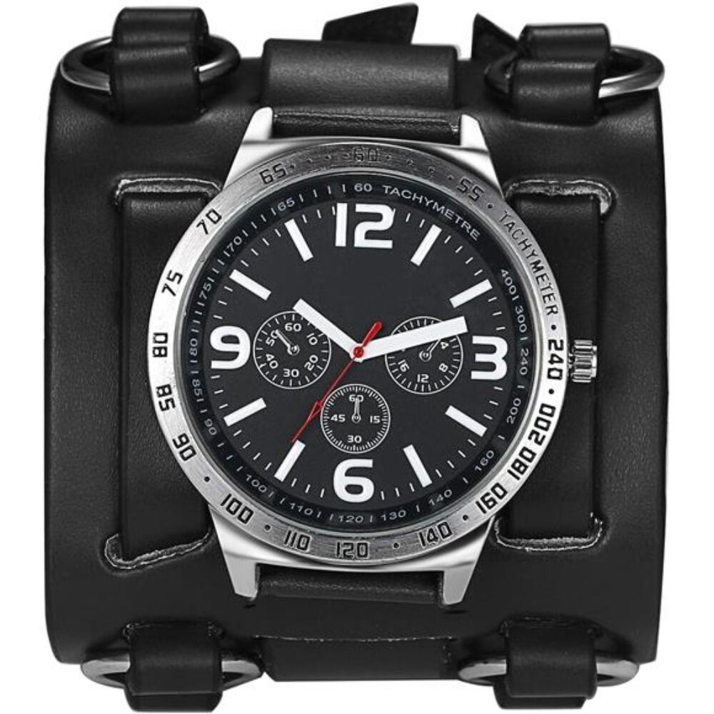 Mens Retro Steampunk Rock Black Wide Leather Bracelet Cuff Watches Big Face